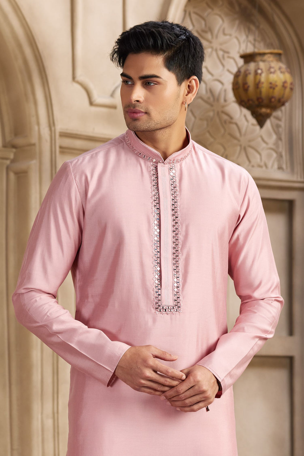 Light Baby Pink Art Silk Men's Kurta Pajama Set with Real Mirror Work