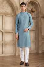 Blue Gray Art Silk Mens Kurta Pajama Set with Real Mirror Work