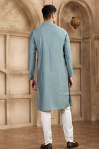 Blue Gray Art Silk Mens Kurta Pajama Set with Real Mirror Work