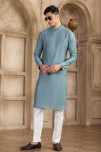 Blue Gray Art Silk Mens Kurta Pajama Set with Real Mirror Work