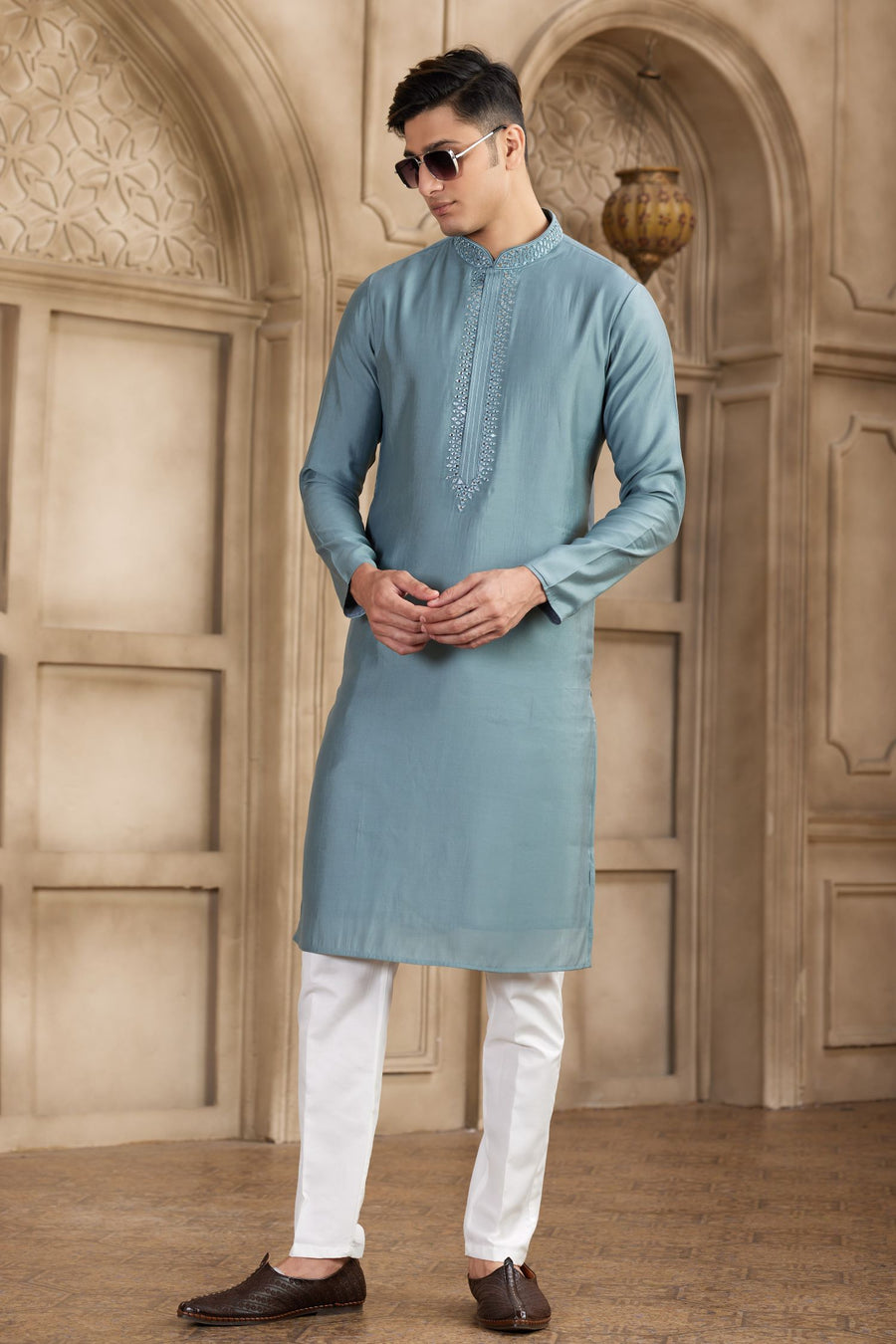 Blue Gray Art Silk Mens Kurta Pajama Set with Real Mirror Work