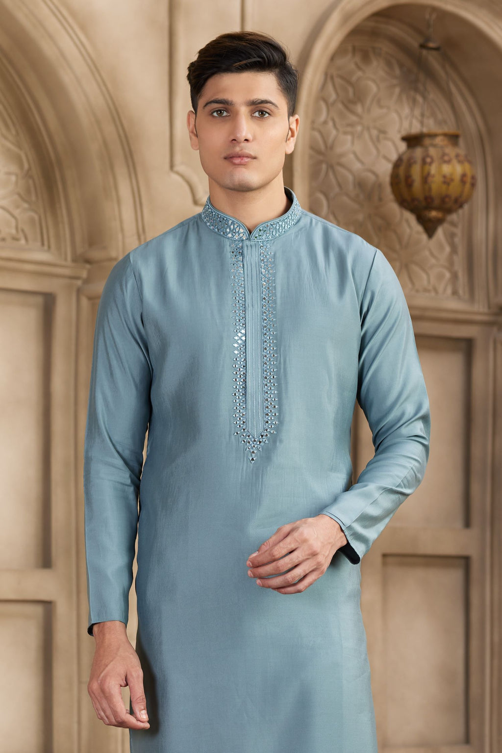 Blue Gray Art Silk Mens Kurta Pajama Set with Real Mirror Work