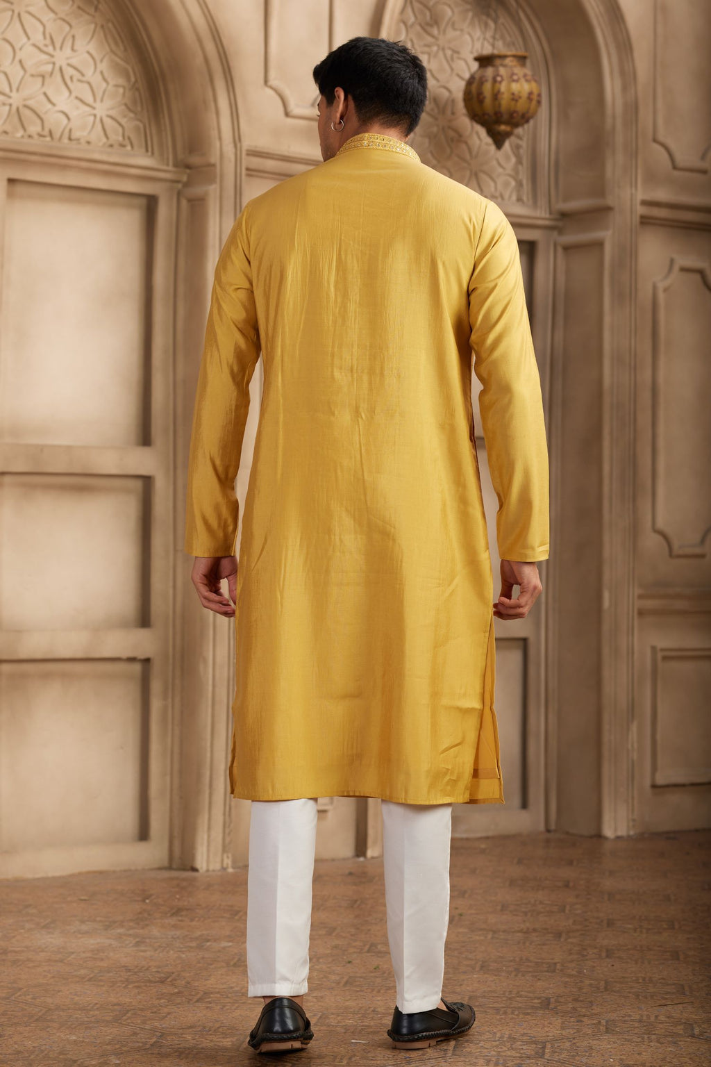 Mustard Yellow Art Silk Plain Kurta Pajama Clothes with Real Mirror Work