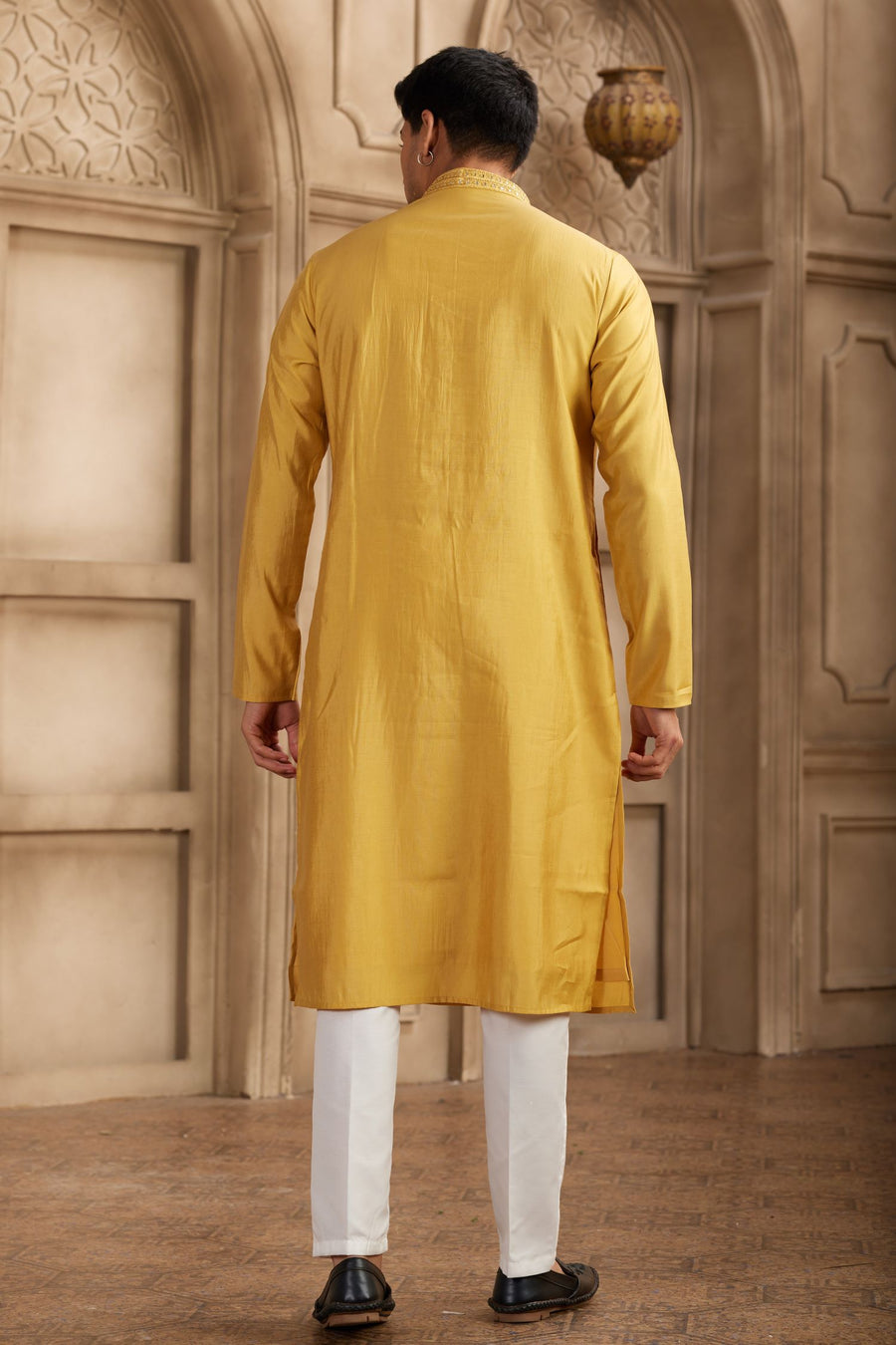 Mustard Yellow Art Silk Plain Kurta Pajama Clothes with Real Mirror Work