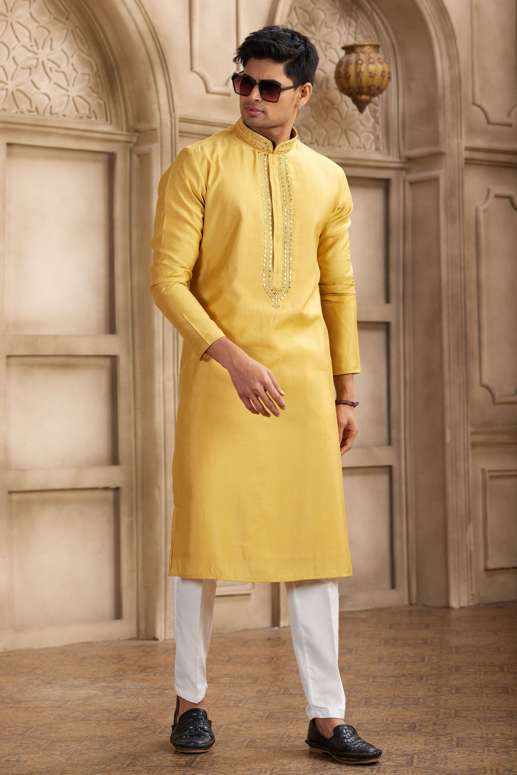Mustard Yellow Art Silk Plain Kurta Pajama Clothes with Real Mirror Work