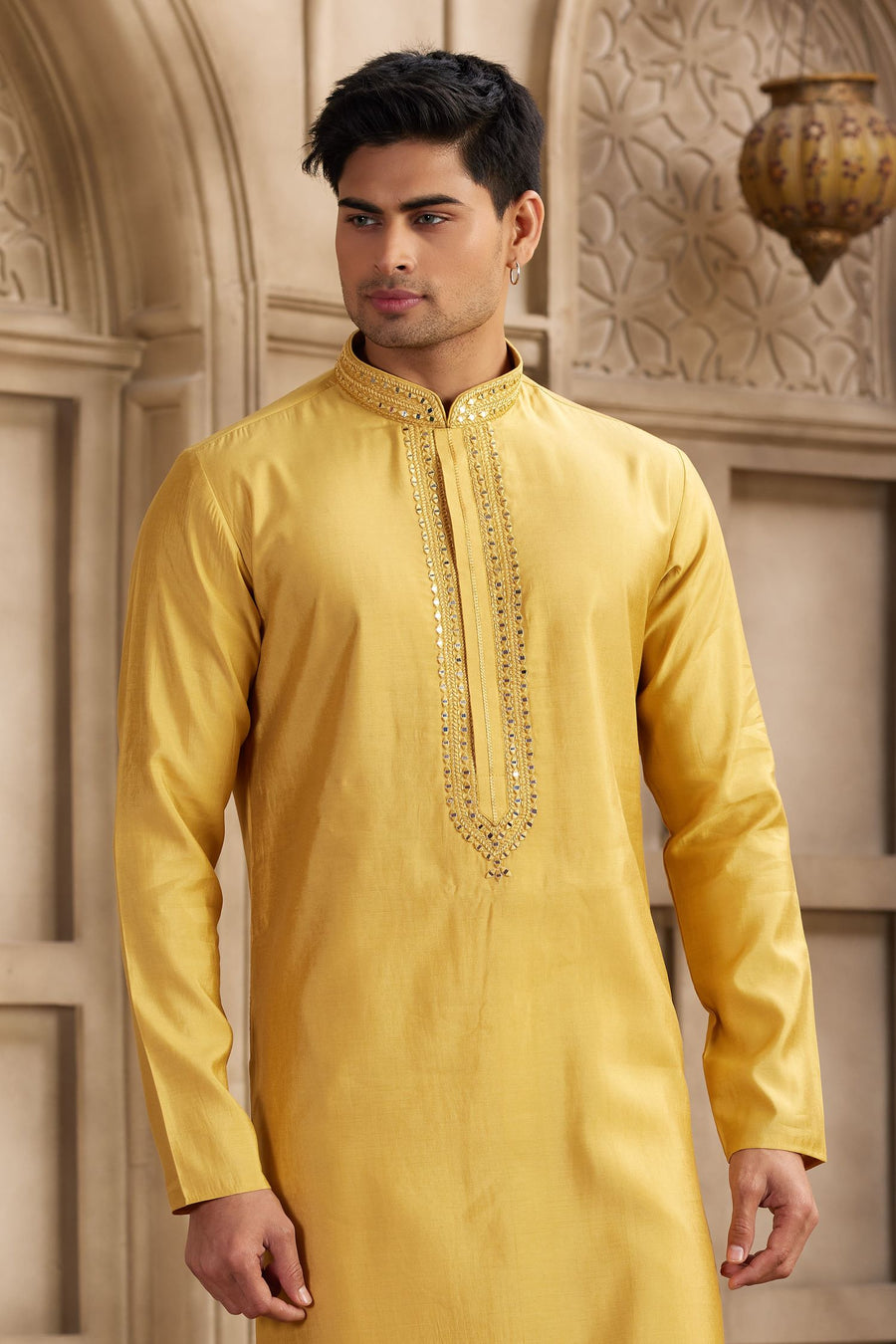 Mustard Yellow Art Silk Plain Kurta Pajama Clothes with Real Mirror Work