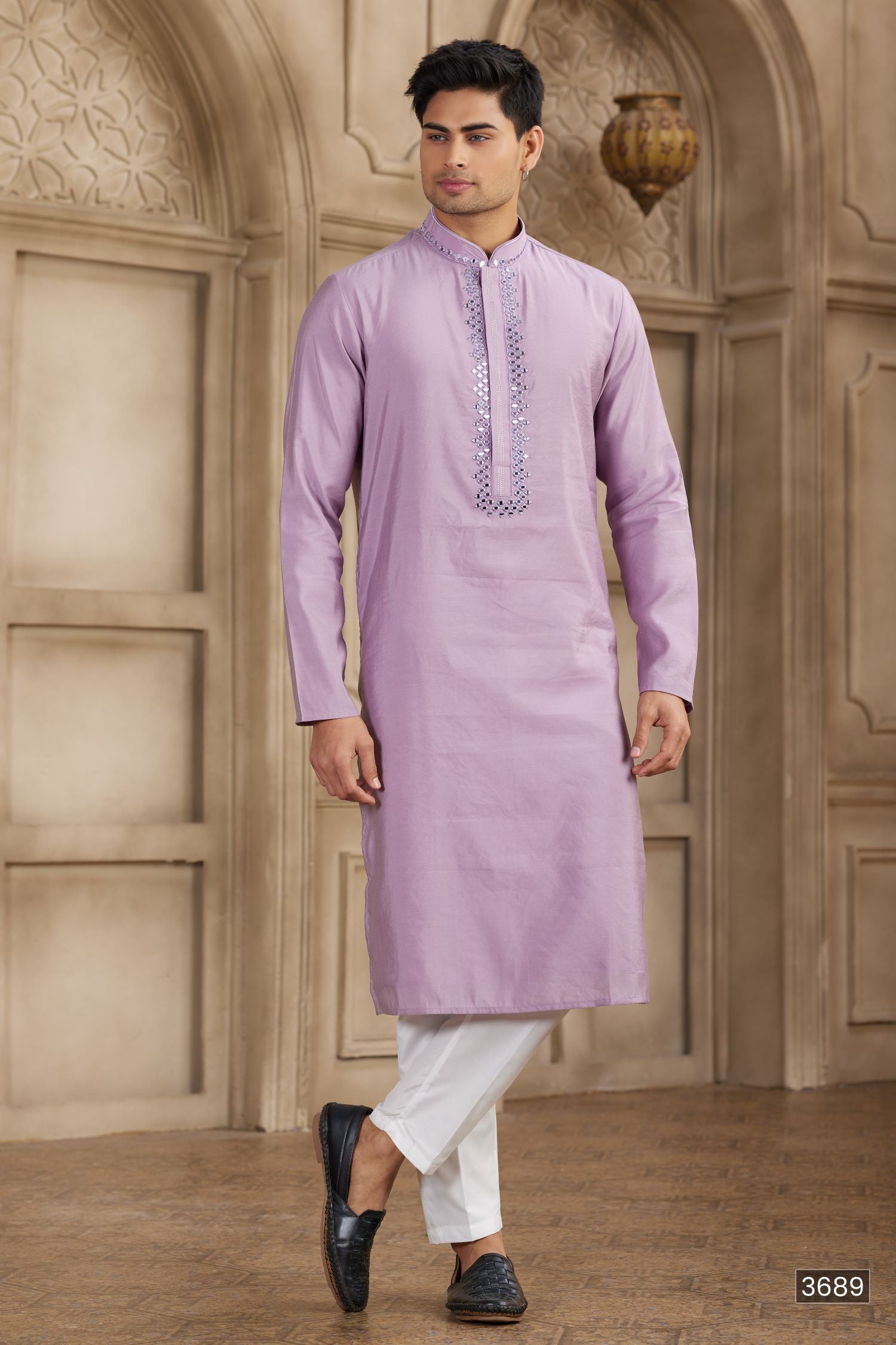 Light Purple Art Silk Mirror Work Kurta for Men & Pajama