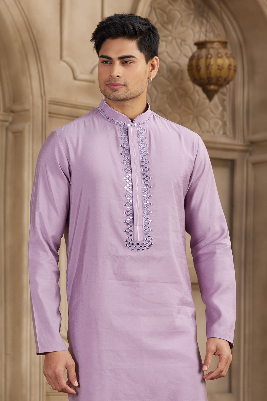 Light Purple Art Silk Mirror Work Kurta for Men & Pajama