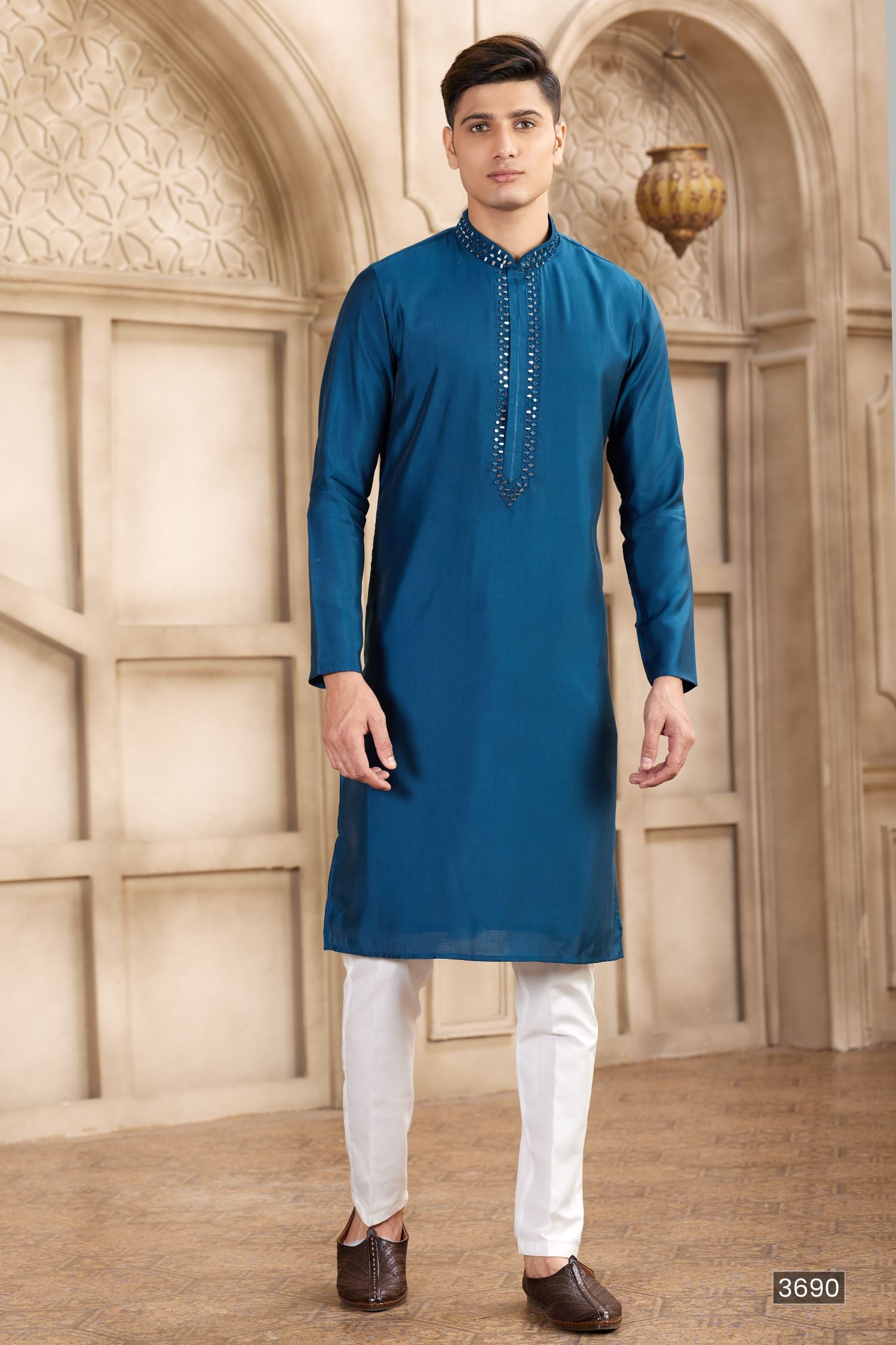 Steel Blue Art Silk Kurta and Pajama for Men with Real Mirror Work