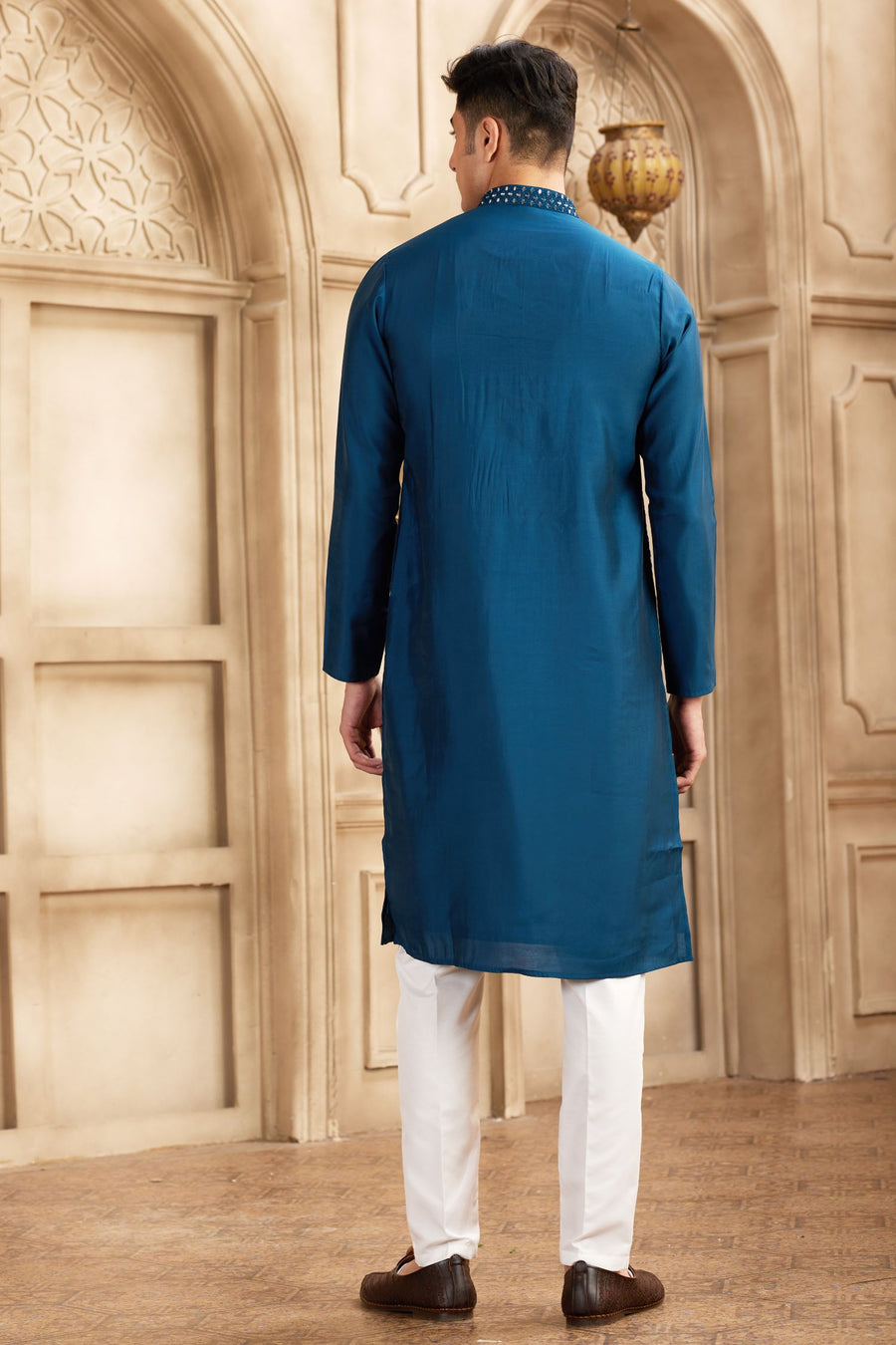 Steel Blue Art Silk Kurta and Pajama for Men with Real Mirror Work