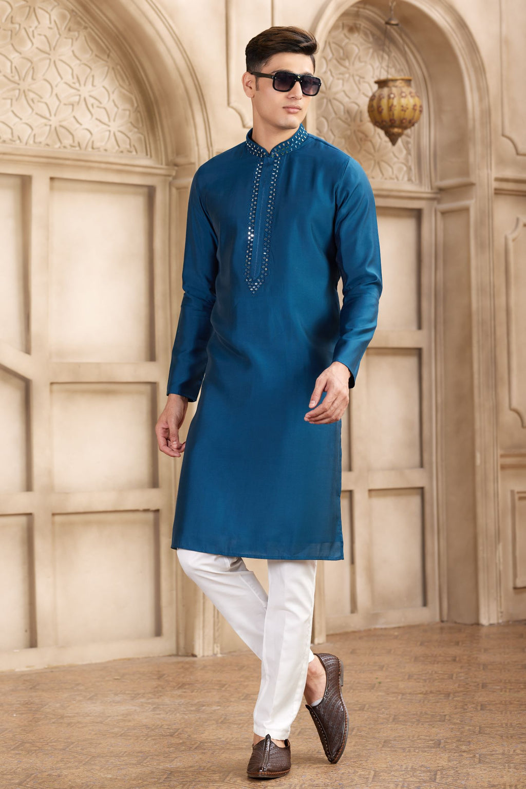 Steel Blue Art Silk Kurta and Pajama for Men with Real Mirror Work