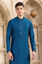 Steel Blue Art Silk Kurta and Pajama for Men with Real Mirror Work