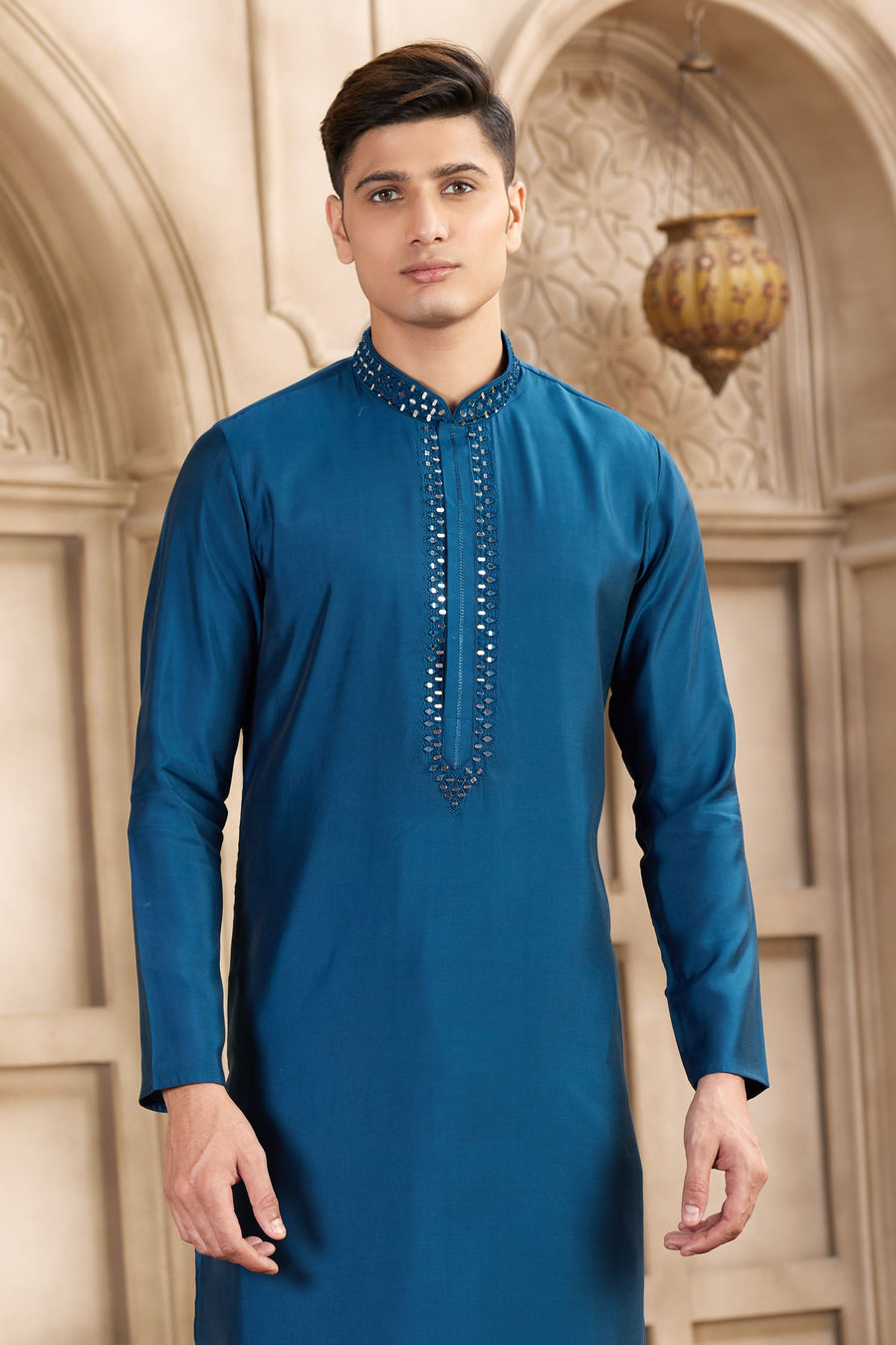 Steel Blue Art Silk Kurta and Pajama for Men with Real Mirror Work