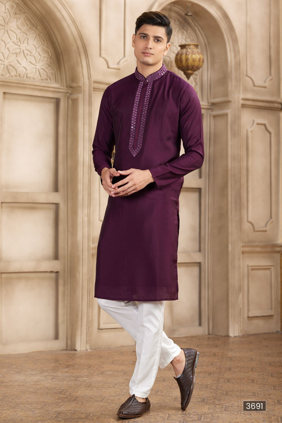 Wine Purple Art Silk Kurta Pajama for Male with Real Mirror Work