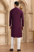 Wine Purple Art Silk Kurta Pajama for Male with Real Mirror Work