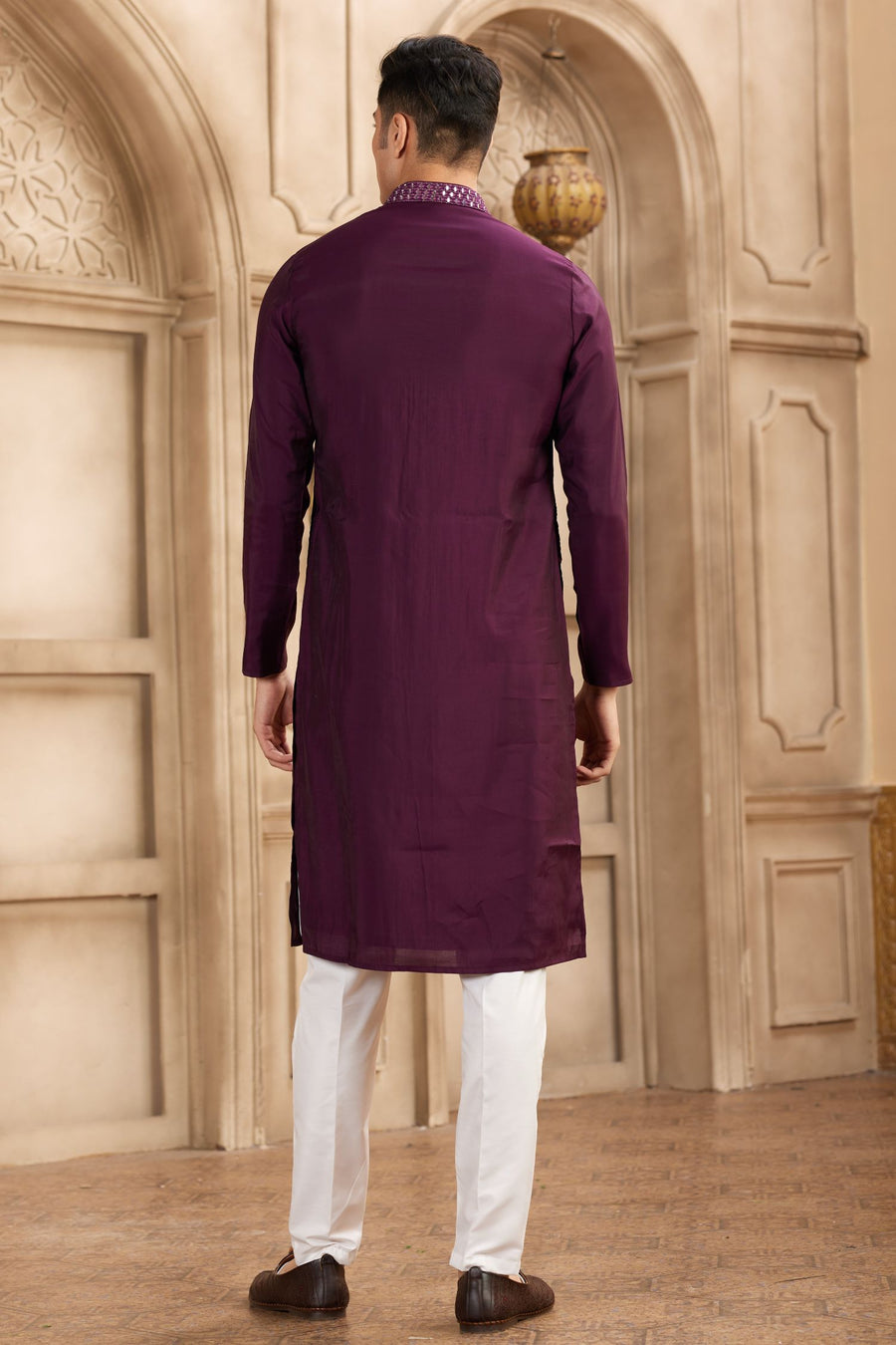 Wine Purple Art Silk Kurta Pajama for Male with Real Mirror Work