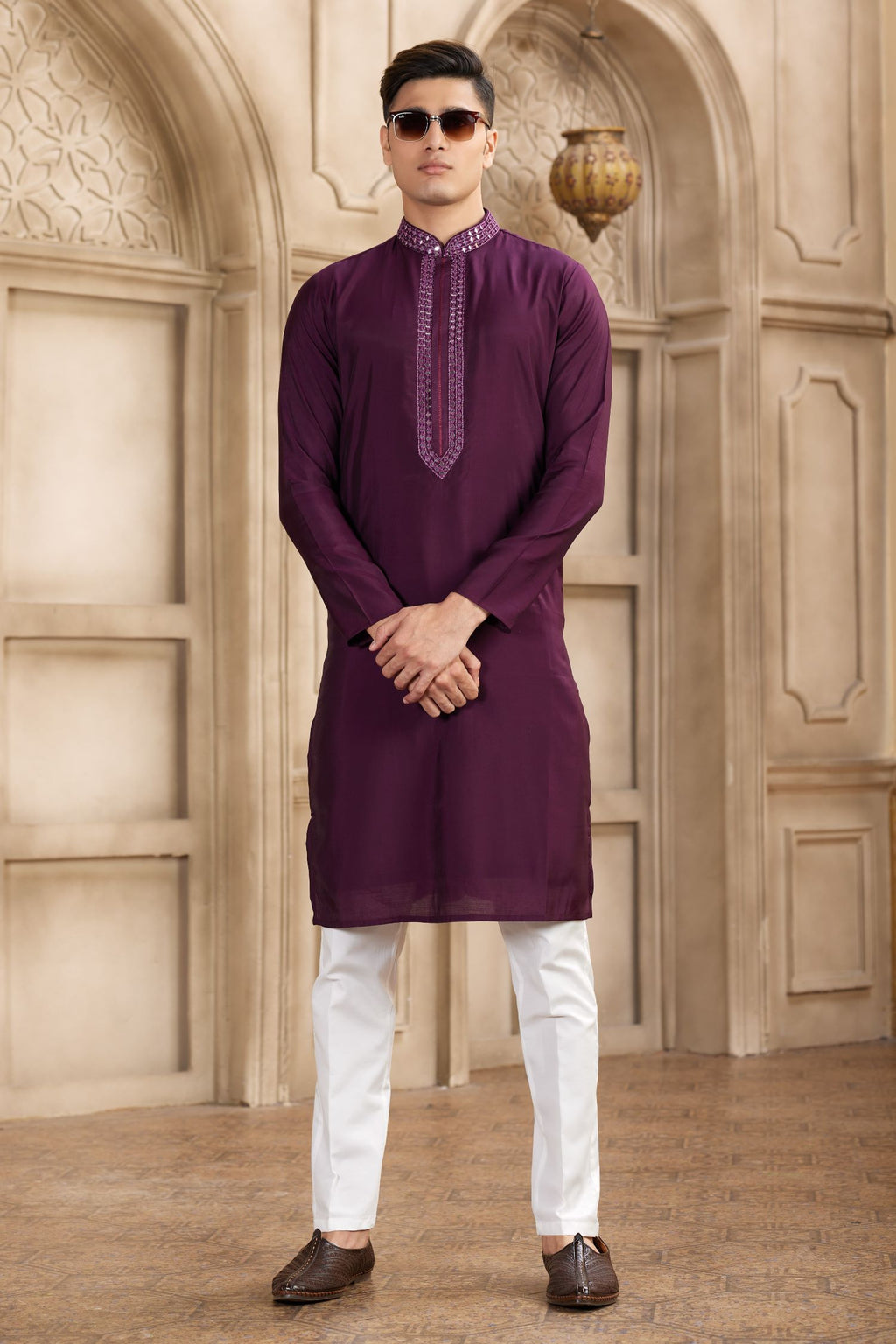 Wine Purple Art Silk Kurta Pajama for Male with Real Mirror Work