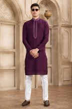 Wine Purple Art Silk Kurta Pajama for Male with Real Mirror Work