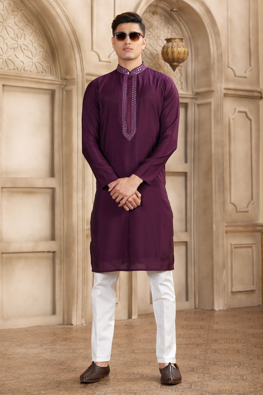 Wine Purple Art Silk Kurta Pajama for Male with Real Mirror Work