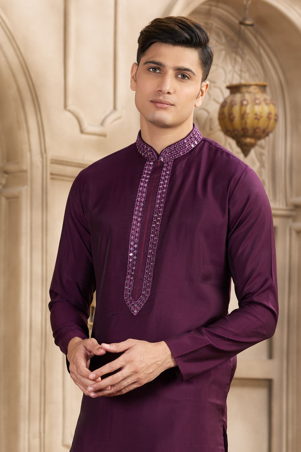 Wine Purple Art Silk Kurta Pajama for Male with Real Mirror Work