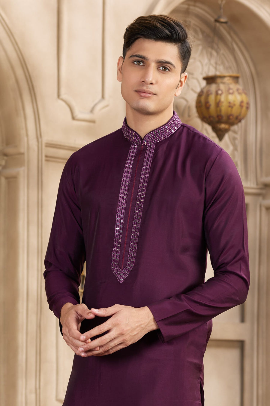 Wine Purple Art Silk Kurta Pajama for Male with Real Mirror Work
