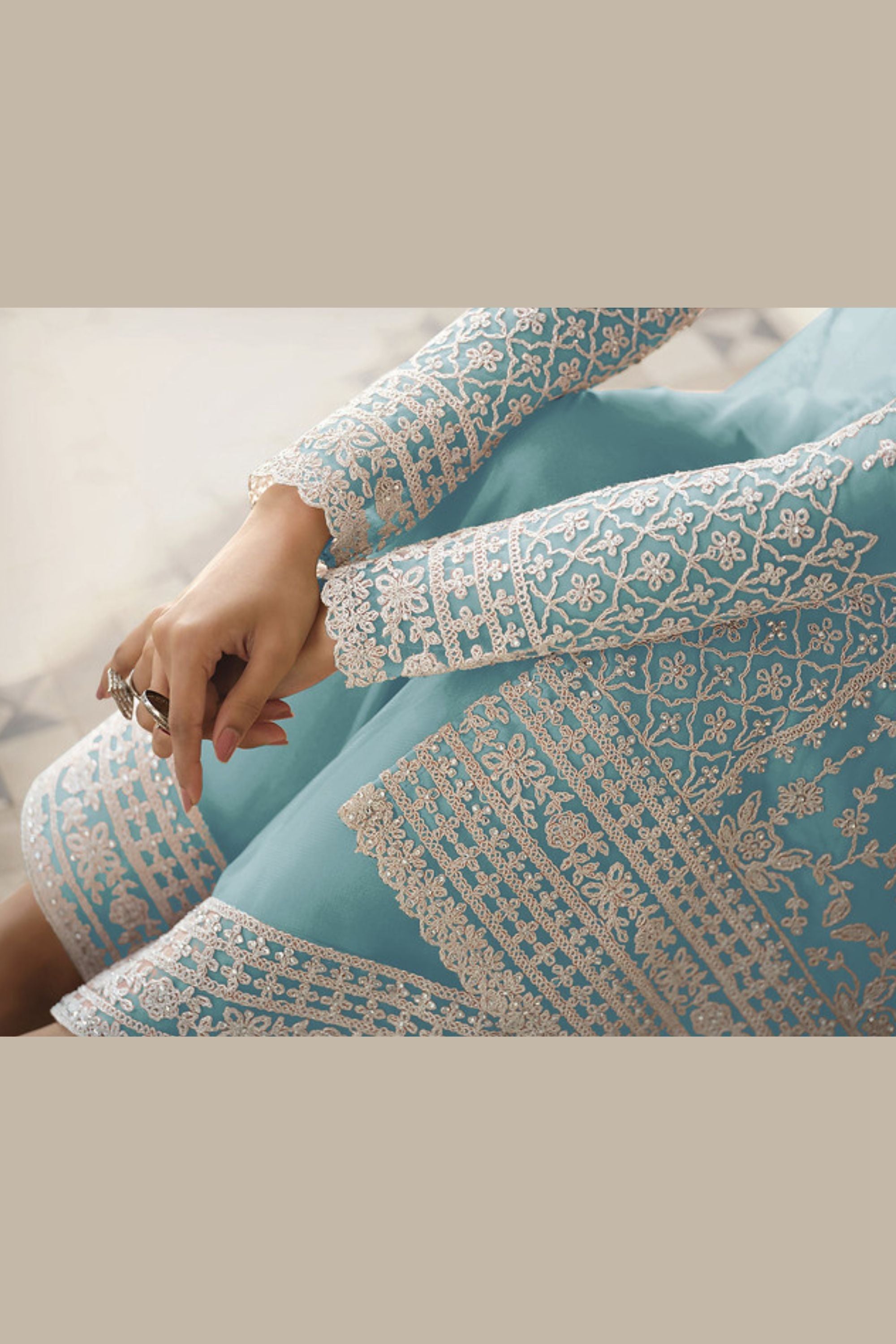 Light Blue Net & Cording Work Salwar Kameez Plazzo Suit For Indian Wedding & Festival - Embroidery Work, Cording Work