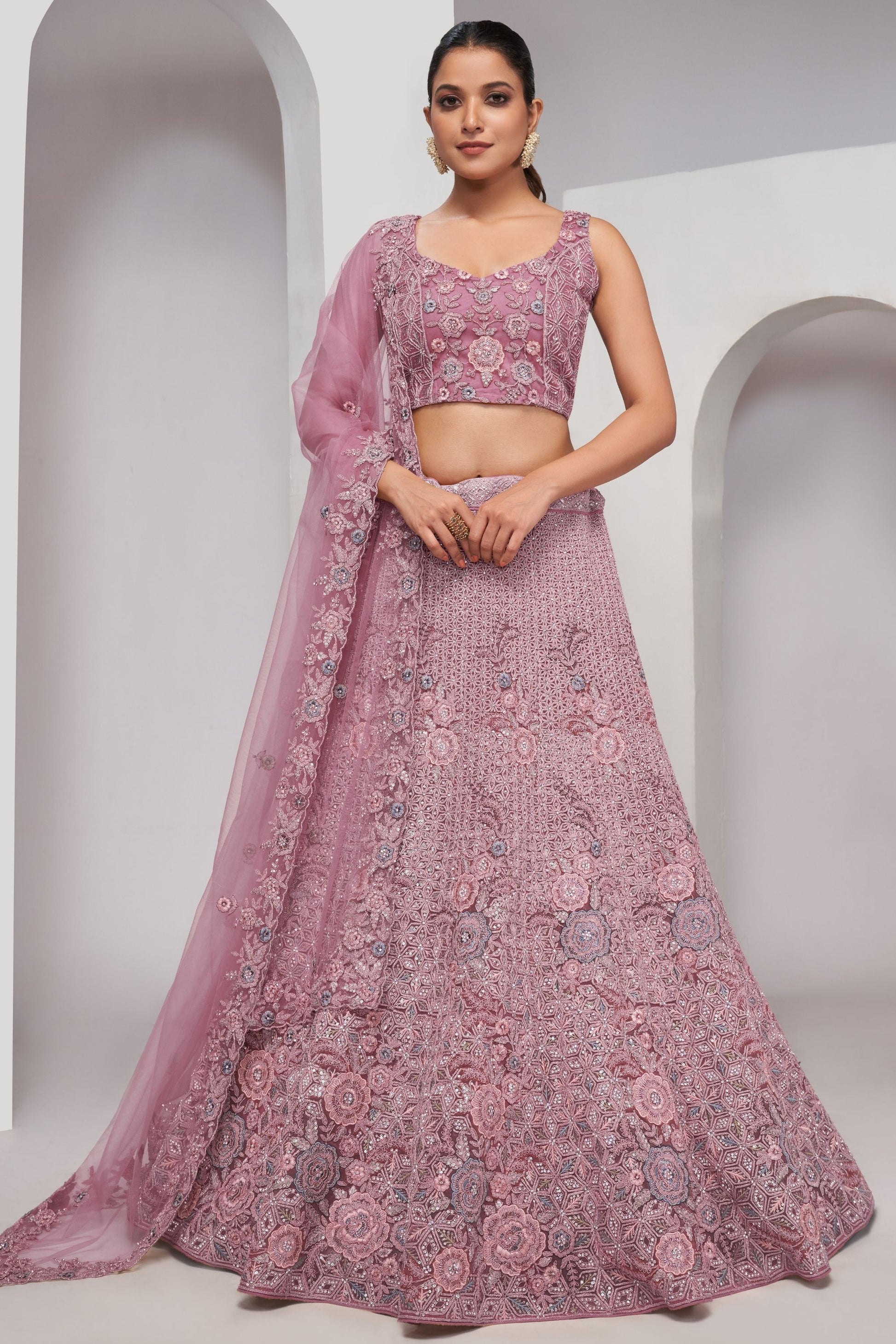 Lavender Soft Net Lehenga Choli For Indian Festivals & Weddings - Sequins Work, Dori Work, Zarkan Work