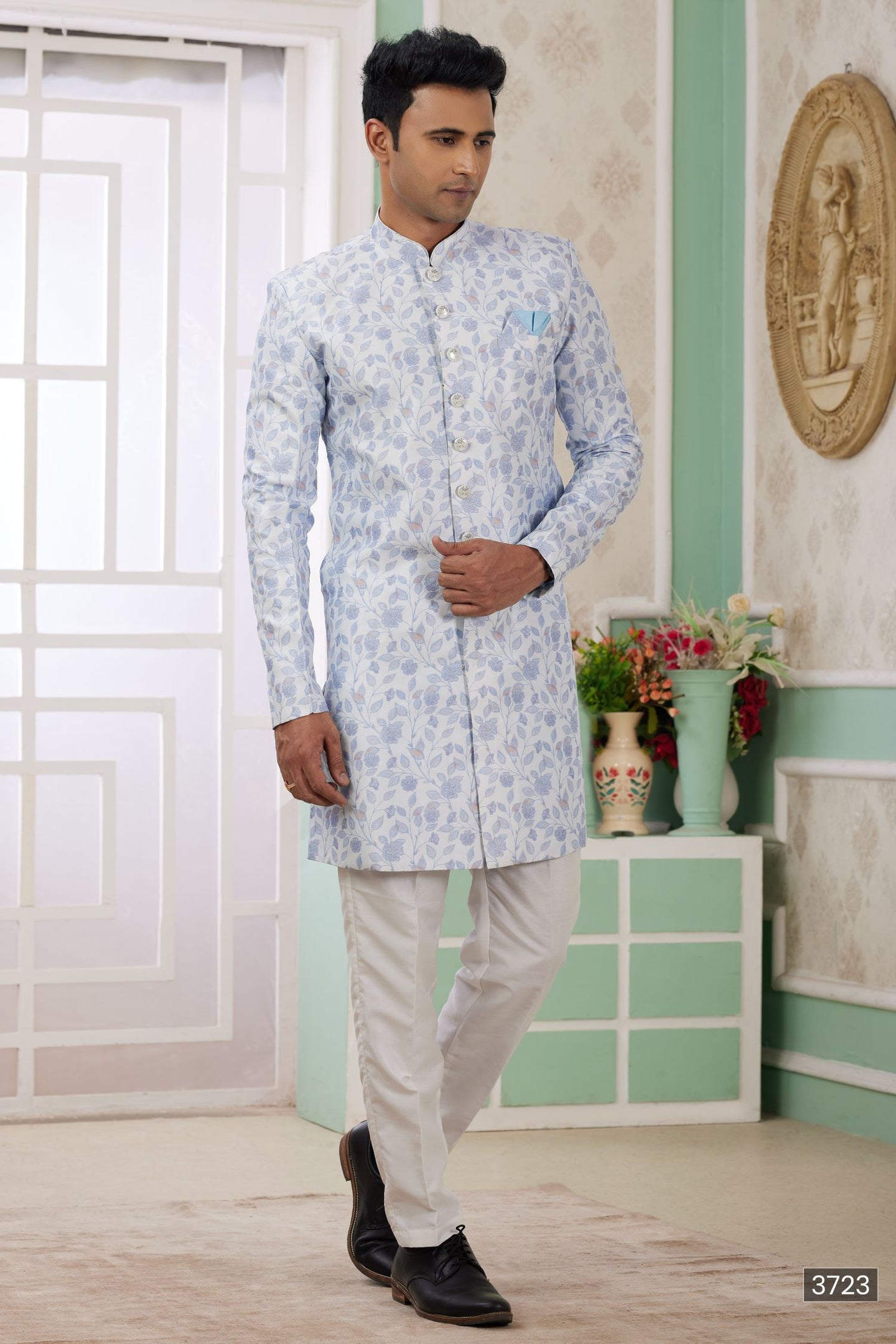 Bluish Gray Jacquard Silk Men's Indo Western Clothing with Embroidery Work