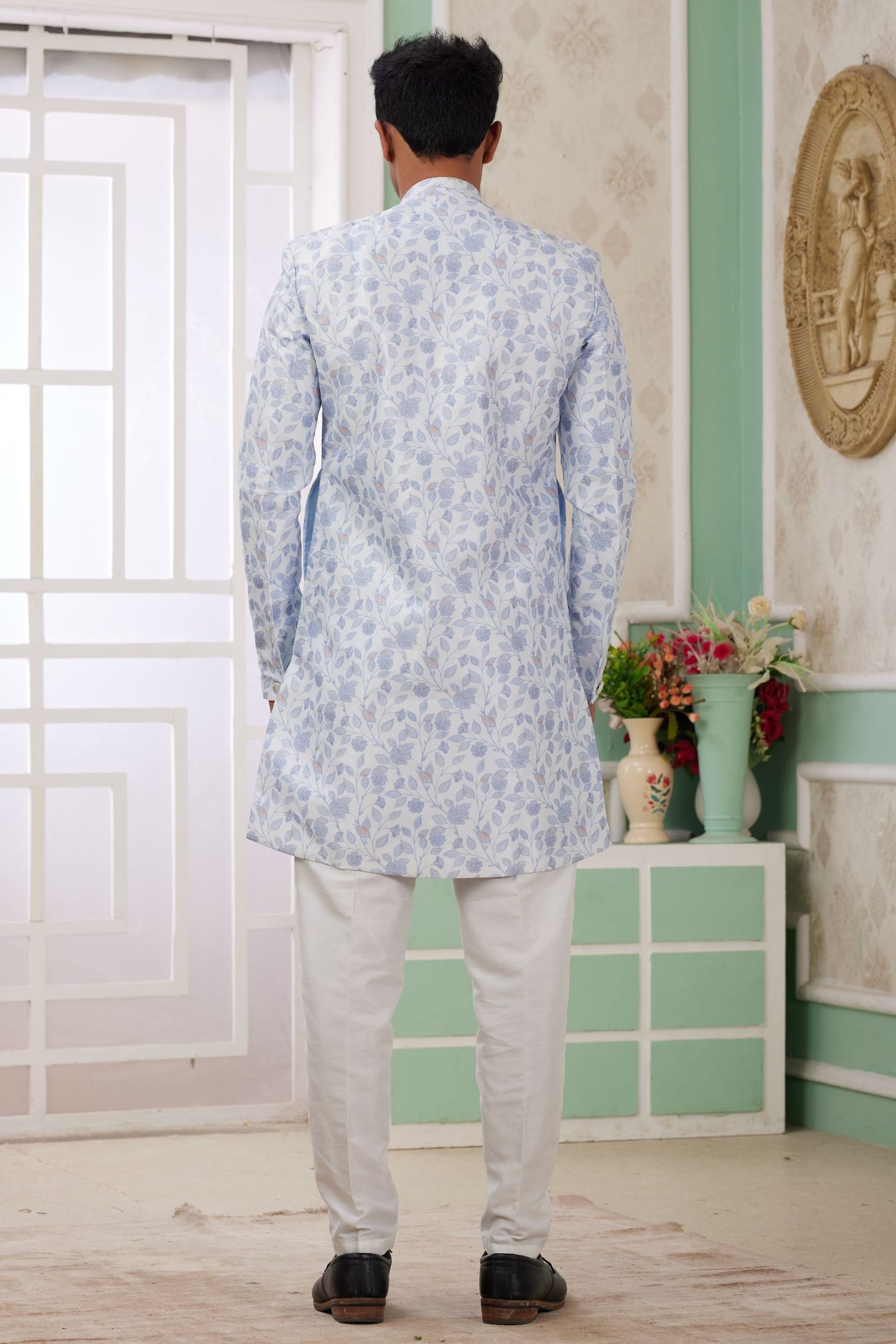 Bluish Gray Jacquard Silk Men's Indo Western Clothing with Embroidery Work
