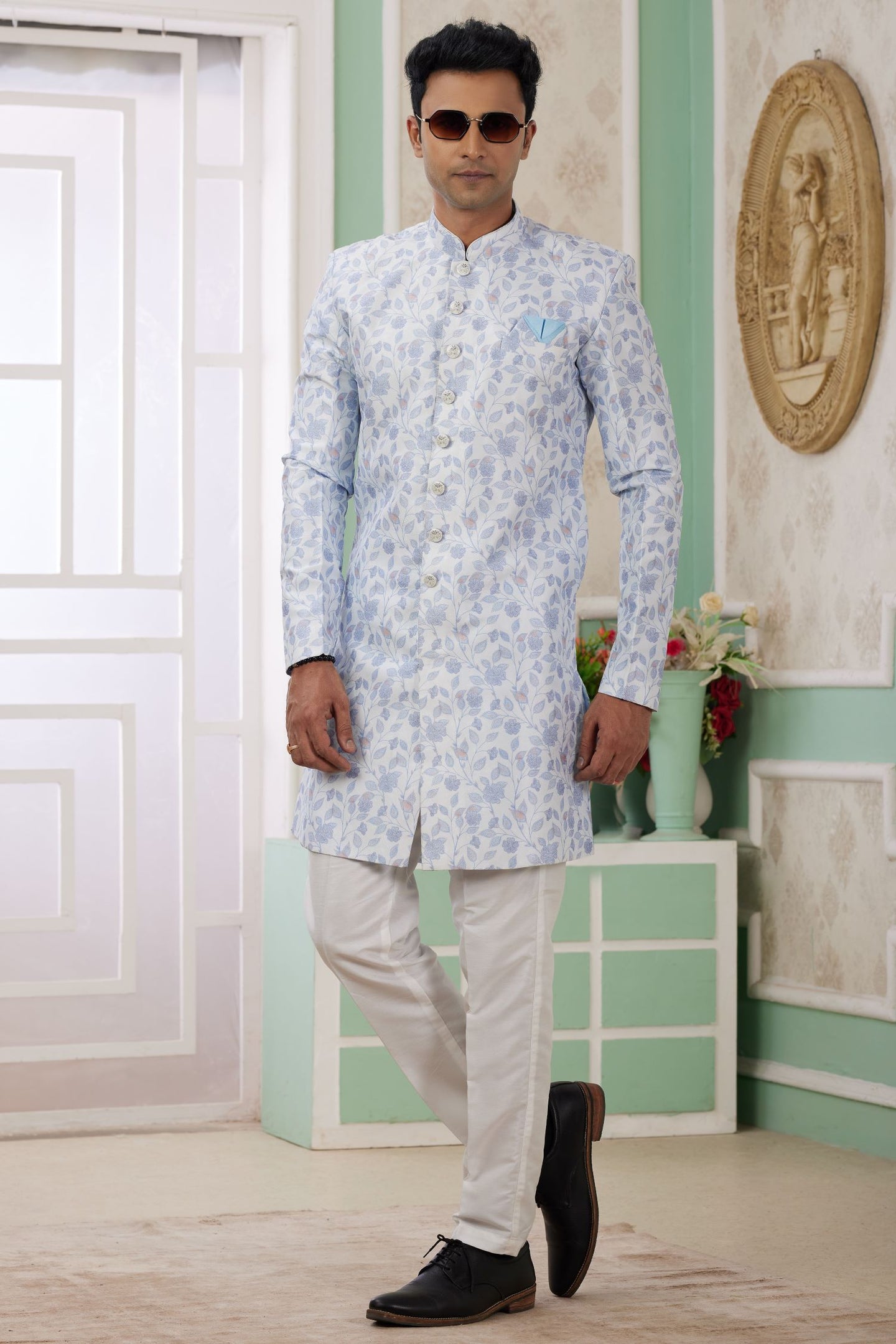 Bluish Gray Jacquard Silk Men's Indo Western Clothing with Embroidery Work