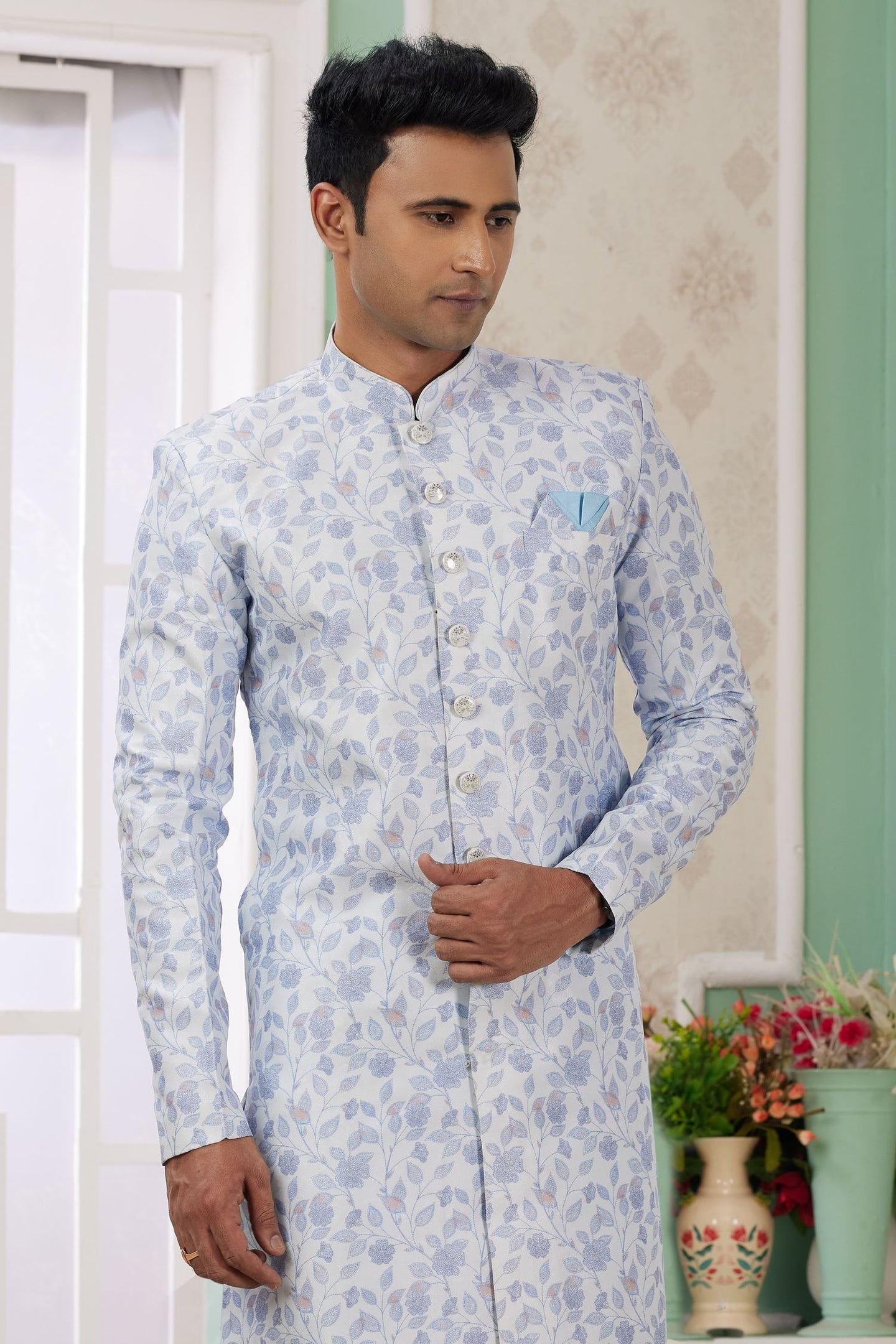 Bluish Gray Jacquard Silk Men's Indo Western Clothing with Embroidery Work