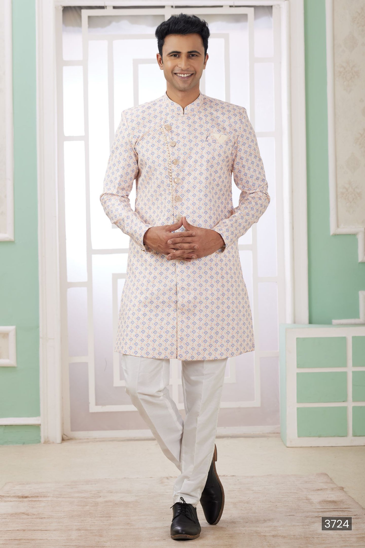 Blush Peach Jacquard Silk Men's Indo Western Clothing with Embroidery Work
