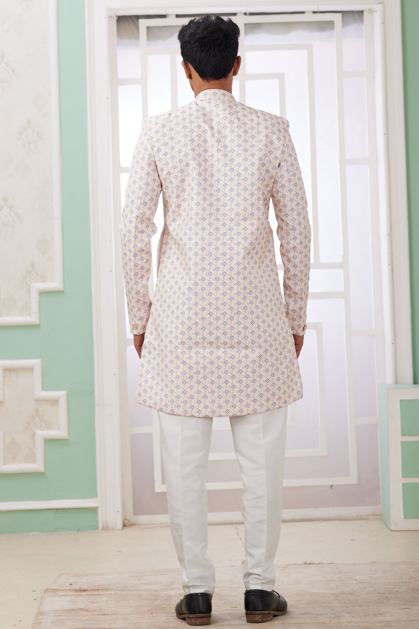 Blush Peach Jacquard Silk Men's Indo Western Clothing with Embroidery Work