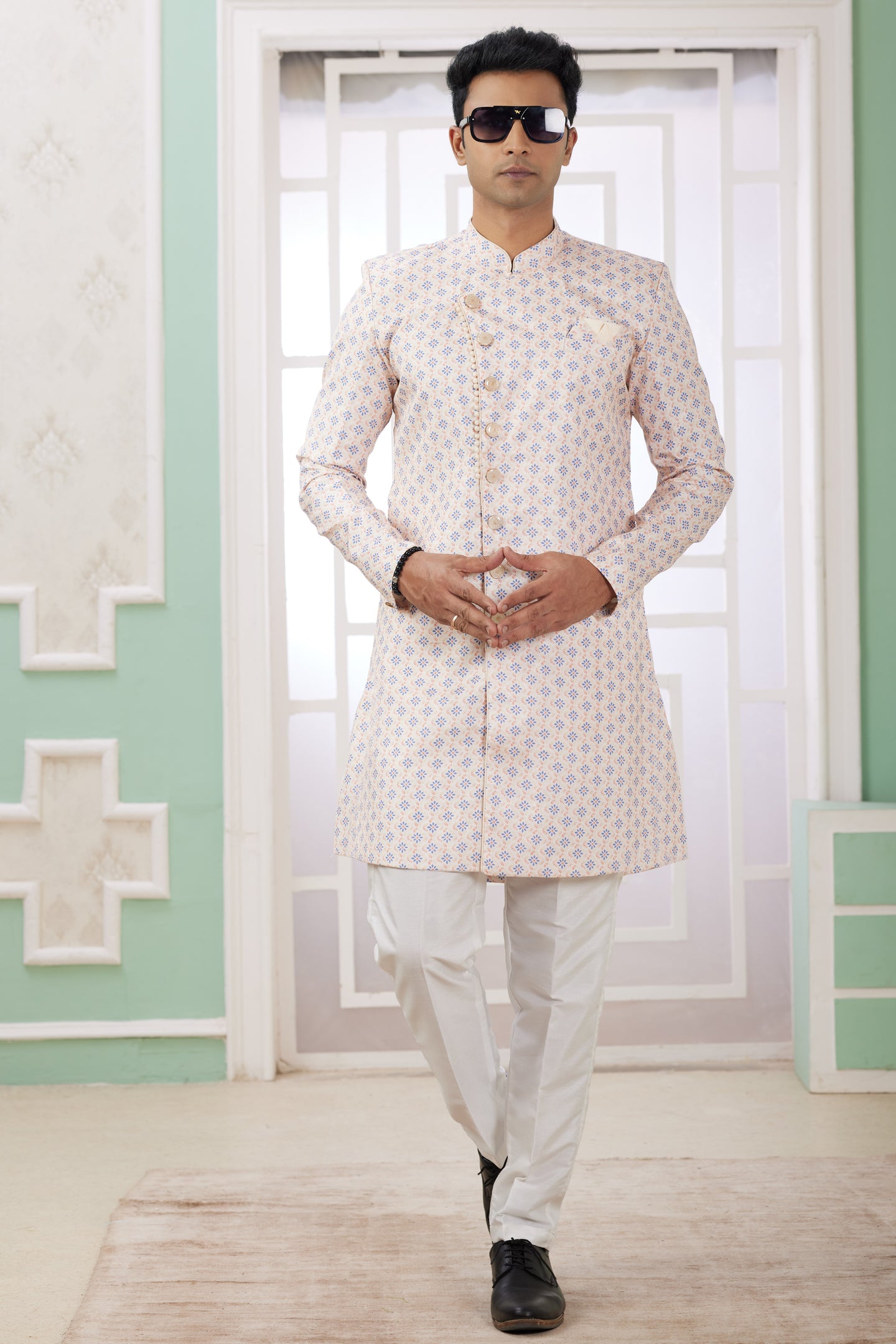 Blush Peach Jacquard Silk Men's Indo Western Clothing with Embroidery Work