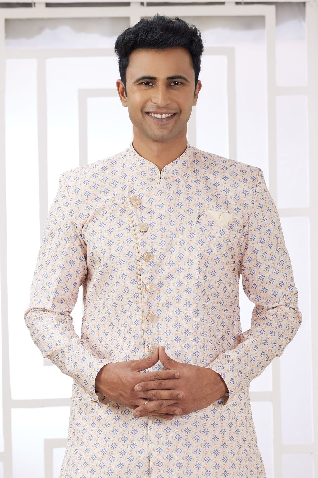 Blush Peach Jacquard Silk Men's Indo Western Clothing with Embroidery Work