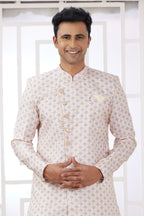 Blush Peach Jacquard Silk Men's Indo Western Clothing with Embroidery Work