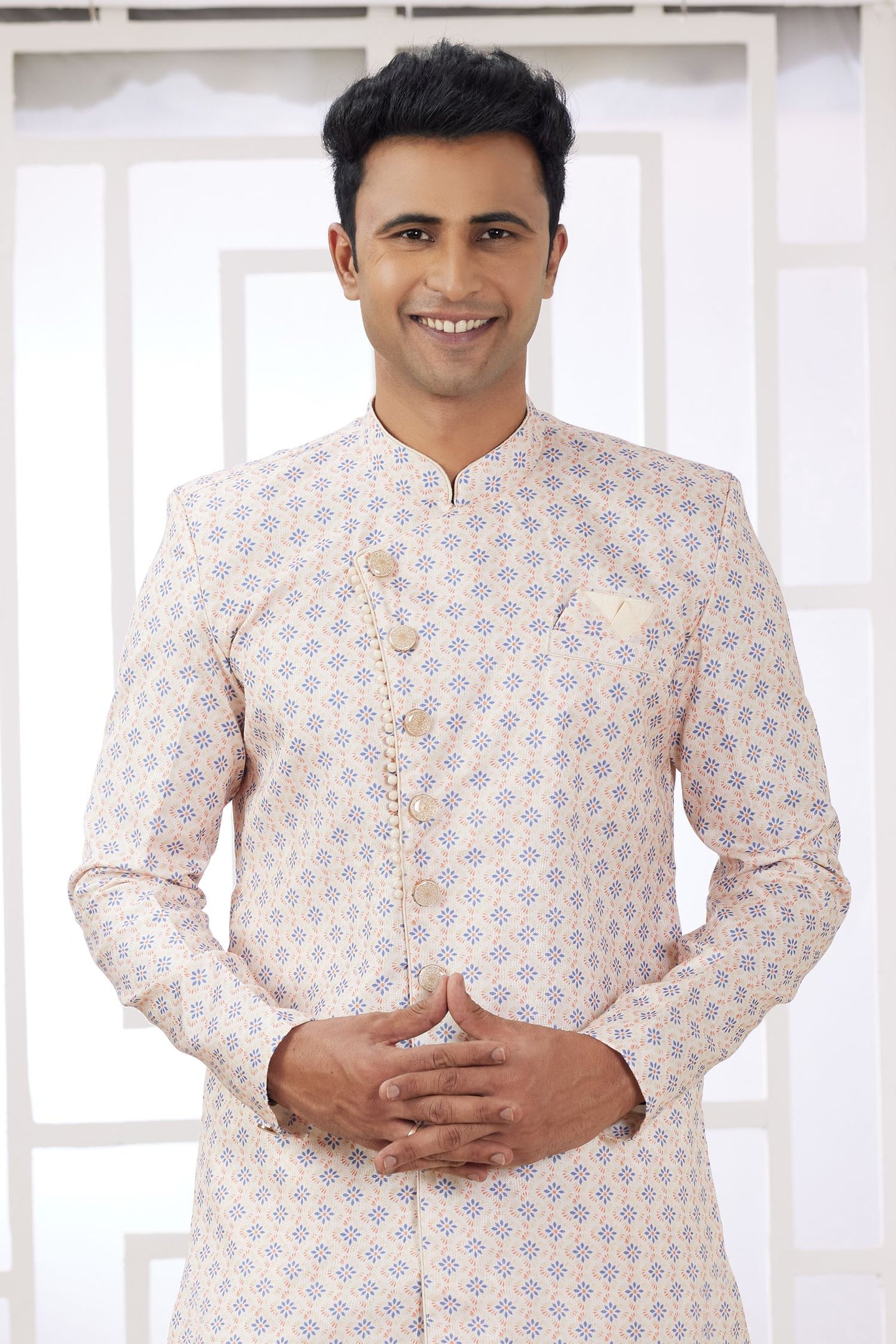 Blush Peach Jacquard Silk Men's Indo Western Clothing with Embroidery Work