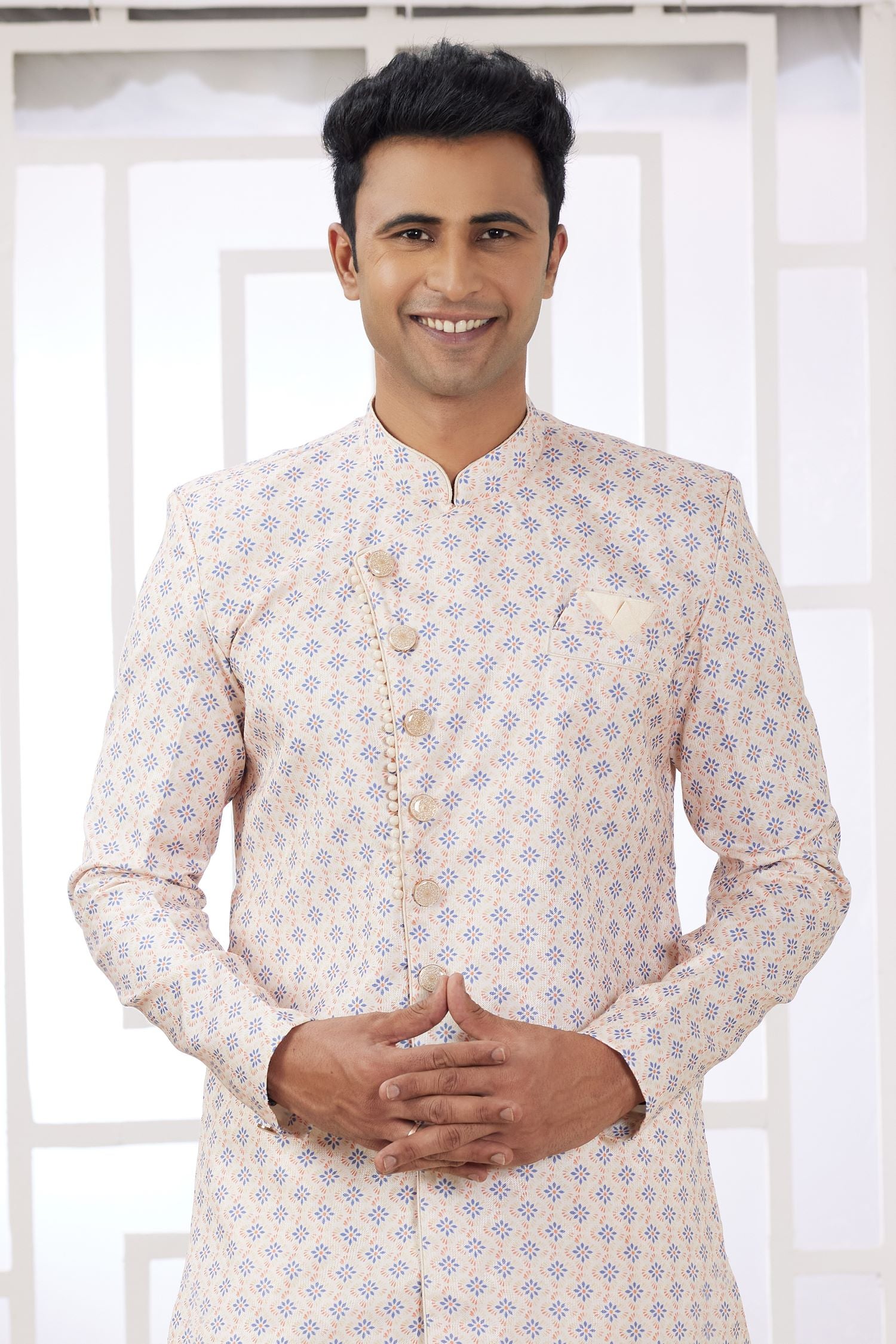 Blush Peach Jacquard Silk Men's Indo Western Clothing with Embroidery Work