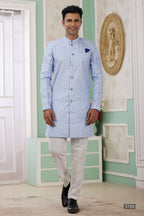 Blue Jacquard Silk Men's Indo Western Clothing with Embroidery Work