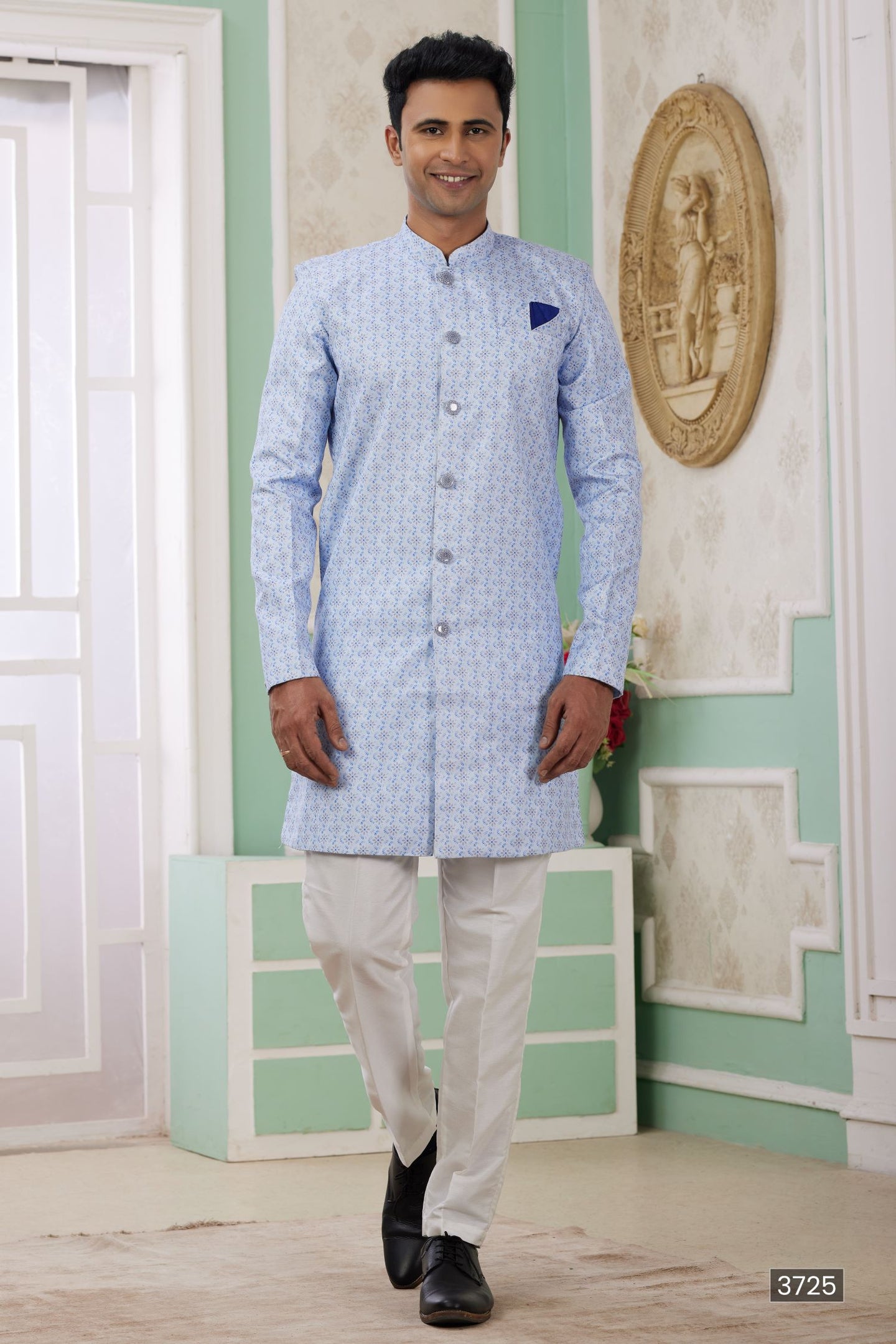 Blue Jacquard Silk Men's Indo Western Clothing with Embroidery Work