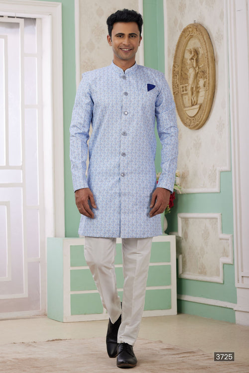 Blue Jacquard Silk Men's Indo Western Clothing with Embroidery Work