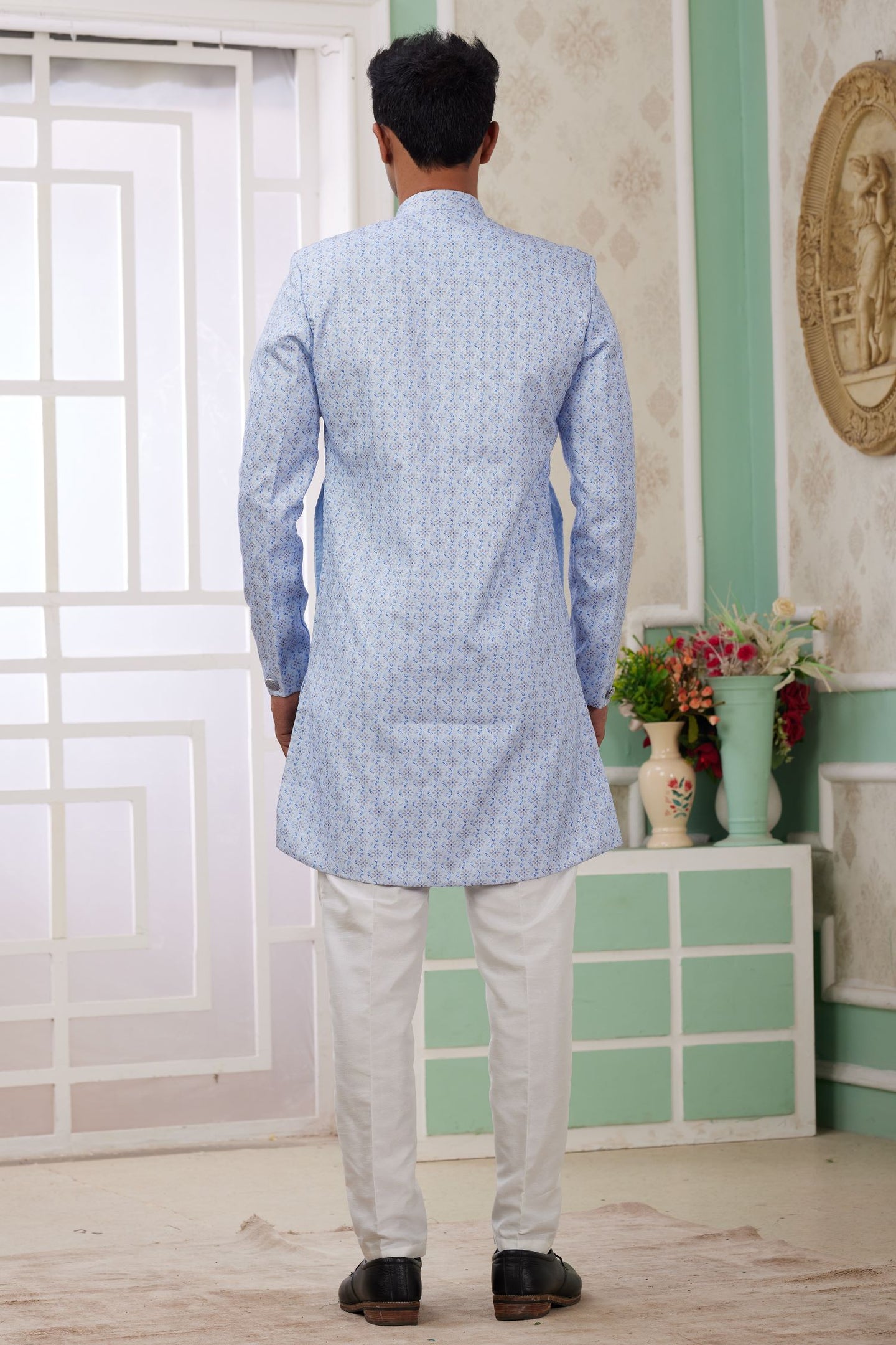 Blue Jacquard Silk Men's Indo Western Clothing with Embroidery Work
