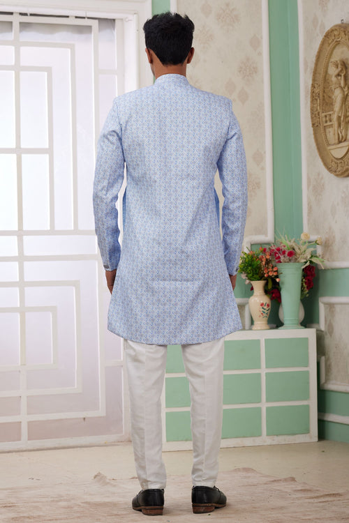 Blue Jacquard Silk Men's Indo Western Clothing with Embroidery Work