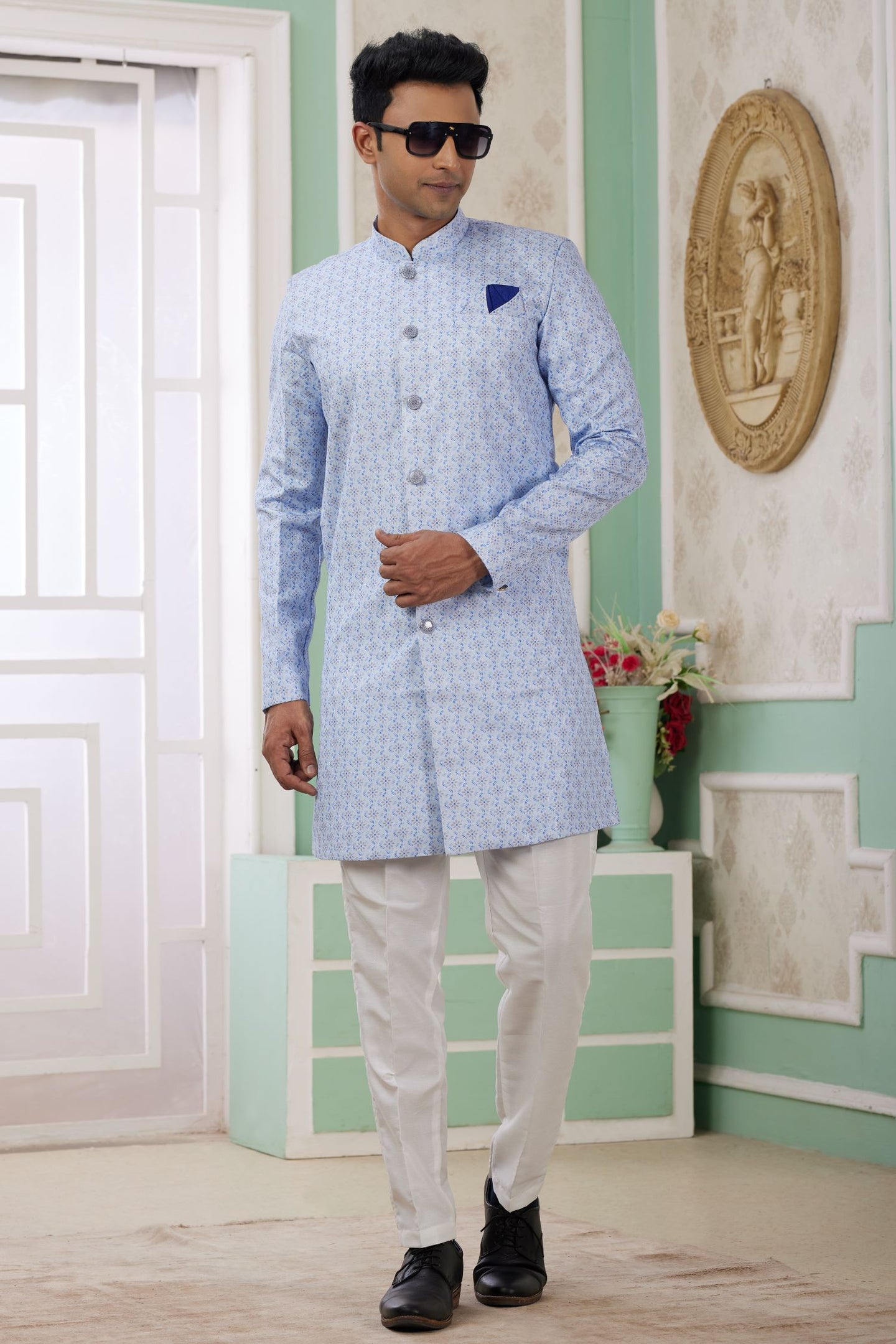 Blue Jacquard Silk Men's Indo Western Clothing with Embroidery Work