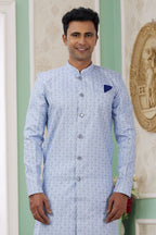 Blue Jacquard Silk Men's Indo Western Clothing with Embroidery Work