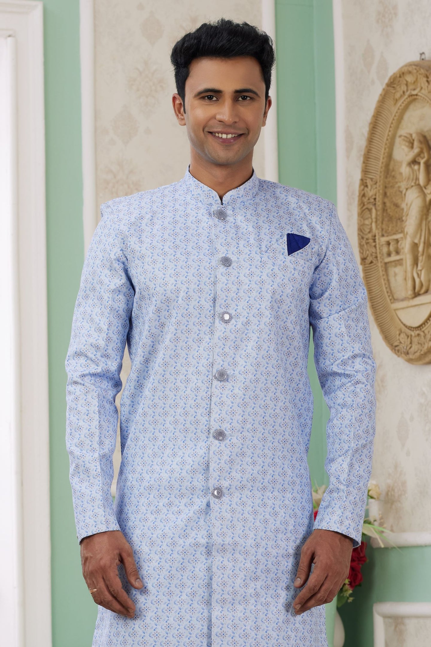 Blue Jacquard Silk Men's Indo Western Clothing with Embroidery Work