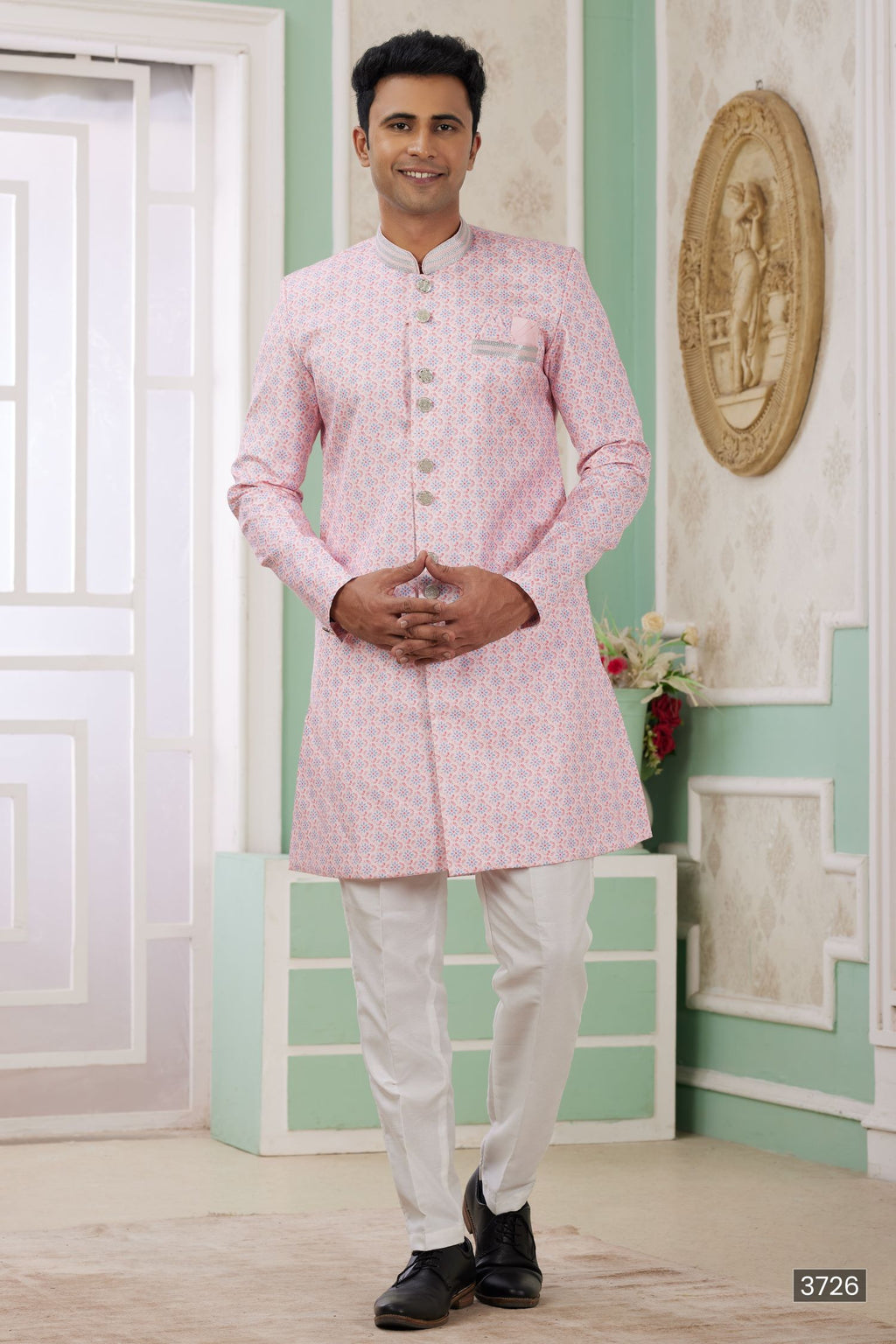 Cream Pink Jacquard Silk Men's Indo Western Clothing with Embroidery Work