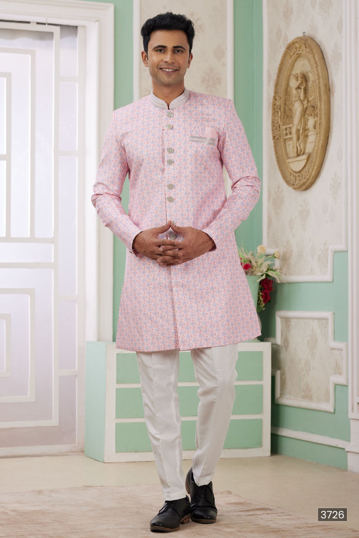 Cream Pink Jacquard Silk Men's Indo Western Clothing with Embroidery Work