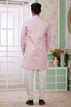 Cream Pink Jacquard Silk Men's Indo Western Clothing with Embroidery Work