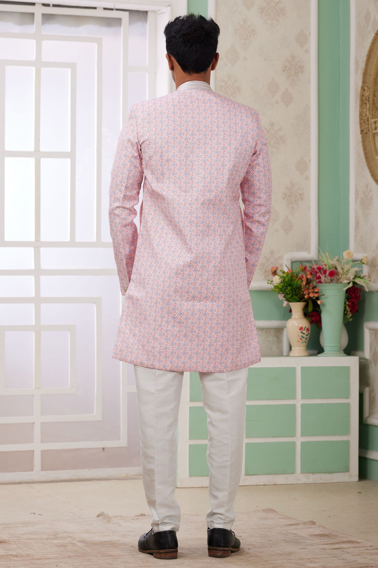 Cream Pink Jacquard Silk Men's Indo Western Clothing with Embroidery Work